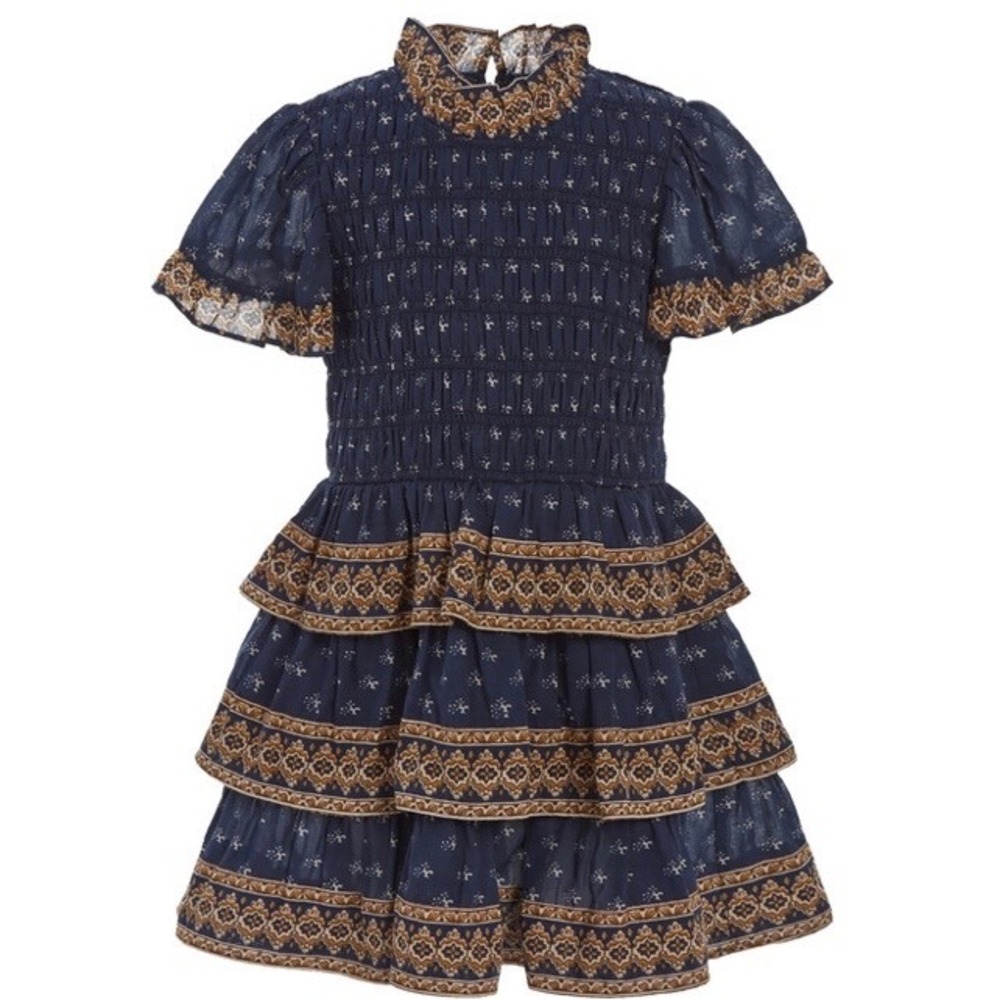 Sea New York Navy Blue Smocked Tiered Mini Dress Floral Boho Gold Border Print